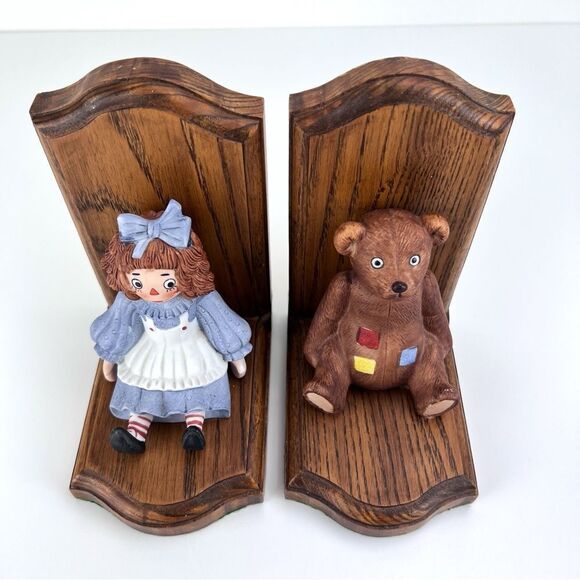 Vintage LEONARD UNRUH Raggedy Ann And Teddy Bear Ceramic And Wood Bookends - Picture 2 of 10